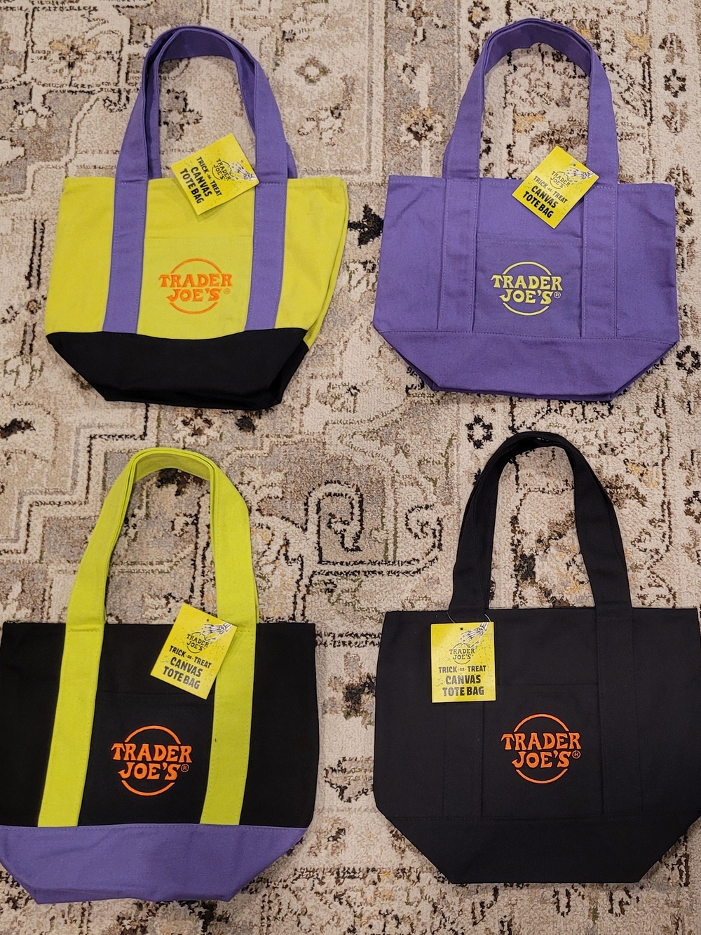 Trader Joe's Halloween Trick or Treat Canvas Tote Bags Set of 4, NWT
